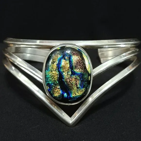 Jaw-Dropping Triple Strand Heavy Gauge 925 Silver Dichroic RULA GLASS Bracelet - Picture 3 of 9